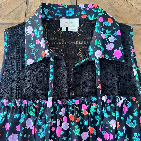 Kate Spade Black Floral Lace Yoke Sleeveless Top Sz Small Boho Feminine Tassels - Picture 3 of 9